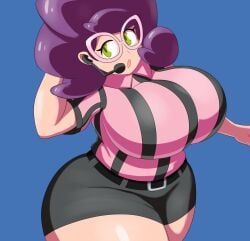 1girls big_breasts breasts clothing ear_piece female female_only glasses green_eyes huge_breasts looking_at_viewer mechspazer nintendo outfit pokemon pokemon_sm purple_hair shirt skirt solo thick_thighs wicke_(pokemon) wide_hips