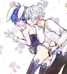 2boys aaside argonavis_from_bang_dream! asahi_nayuta black_thighs blue_hair bunny bunny_boy bunny_ears bunny_suit colored crying cute femboy fingering fingering_ass licking male/male male_only nanahoshi_ren purple_eyes red_eyes sweat thighs twink white_hair