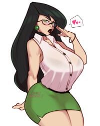 1girls 2022 adjusting_glasses artist_name bare_arms big_breasts big_lips black_hair black_lipstick bottomwear bra bra_visible_through_clothes bracelet breasts busty button_down_shirt choker clothed clothed_female clothes clothing curvaceous curvy curvy_body curvy_female curvy_figure disney disney_channel earrings eyewear female front_view glasses green_eyes hair heart hearts hi_res jakuson_z jewelry kim_possible large_breasts legs_together light-skinned_female light_skin lipstick long_hair looking_at_viewer miss_go pencil_skirt shego shirt simple_background sitting skirt solo spoken_heart thick_lips thick_thighs thighs topwear underwear voluptuous watermark white_background wide_hips