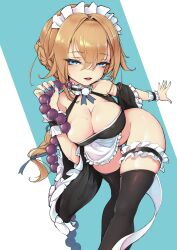 1girls absurdres anal_beads aqua_nails ass_visible_through_thighs bangs blue_eyes blush bottomless braid breasts ce201212010128 cleavage female hair_between_eyes highres holding holding_plate large_breasts lips long_hair looking_at_viewer maid_headdress open_mouth original plate seductive_smile sex_toy single_braid smile solo solo_female thighhighs