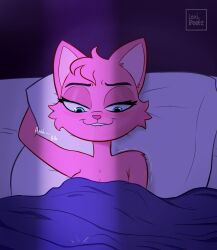 anthro bed bed_sheet bedding bite biting_lip biting_own_lip canid canine canis digital_media_(artwork) female fox fur furniture implied_nudity lexi_beetz lexibeetz looking_pleasured lying lying_on_bed mammal masturbation moan on_bed pillow pink_body pink_fur self_bite simple_background smile solo teeth