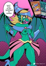 absurd_res anthro blonde_hair breasts claws clothed clothing dark_magician_girl dialogue dragon fangs female genitals green_body green_eyes hair hat headgear headwear hi_res loquillo loquillo66 nipples open_mouth partially_clothed pussy solo speech_bubble yu-gi-oh!