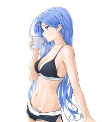 1girls ahoge belly belly_button blue_eyes blue_hair bra breasts chaesu coffee collarbone drinking eyebrows_visible_through_hair eyelashes eyeliner female female_only hair_behind_ear hips holding_object hourglass_figure human inner_sideboob long_hair loose_hair medium_breasts midriff minah open_mouth original short_shorts shorts side_view sideboob solo solo_female sportswear