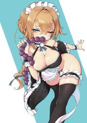 1girls absurdres anal_beads aqua_nails ass_visible_through_thighs bangs blue_eyes blush bottomless braid breasts ce201212010128 cleavage fellatio female hair_between_eyes highres holding holding_plate large_breasts lips long_hair looking_at_viewer maid_headdress open_mouth oral original plate saliva seductive_smile sex_toy simulated_fellatio single_braid smile solo solo_female thighhighs