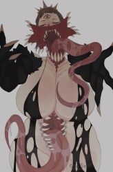 1girls big_breasts body_horror closed_eyes demon_girl female female_only fusun_(gyarusatan) gyarusatan hi_res long_tongue monster monster_girl open_mouth outstretched_arms red_eyes sharp_fingernails sharp_teeth solo solo_female stomach_mouth third_eye