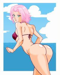 1girls bare_ass bare_legs bare_shoulders bare_thighs bikini bikini_top bottomless female female_only green_eyes long_hair looking_at_viewer looking_back naruto naruto_(series) naruto_shippuden perky_breasts petite pink_hair round_ass sakura_haruno schlumper small_breasts solo solo_focus swimsuit