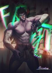 1boy anthro anthro_only arcane balls bandage bottomwear bottomwear_pull brimstone_(battle_demon) chirean clothing clothing_pull genitals hi_res humanoid league_of_legends looking_at_viewer male male_only muscular muscular_male nipples pants pants_pull pecs penis riot_games scar_(arcane) solo vein veiny_penis video_games