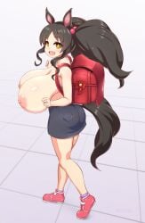 +_+ :d animal_ears areola areolae backpack bag big_hair bimbo blush breasts brown_hair cleavage female gigantic_breasts hair_bobbles hair_ornament horse_ears horse_girl horse_tail huge_breasts isemagu large_breasts long_hair looking_back marvelous_sunday_(umamusume) miniskirt nipples no_bra no_shirt orange_eyes randoseru short_stack shortstack sidelocks skirt smile solo tail taut_clothes topless twintails umamusume