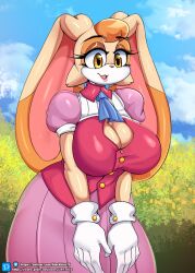 1girls 2022 5_fingers anthro big_breasts blackhiro76 breasts cleavage clothed clothing dress female female_only fingers gloves hair handwear hi_res huge_breasts kyodashiro lagomorph leporid lipstick long_ears mammal mature_anthro mature_female milf open_mouth open_smile orange_hair outside rabbit sega smile solo solo_female sonic_(series) sonic_the_hedgehog_(series) vanilla_the_rabbit white_clothing white_gloves white_handwear yellow_eyes