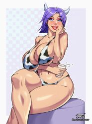 blue_eyes blush cleavage cow_girl cow_horns cow_print cow_print_bikini cowgirl huge_breasts iacolare jacogram looking_at_viewer medium_hair original original_character purple_hair voluptuous