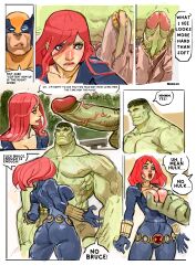 1girls avengers black_widow_(marvel) bodysuit bruce_banner edited english_text female forced green-skinned_male green_skin huge_cock hulk hulk_(series) human imminent_sex jjfrenchie light-skinned_female light_skin male marvel marvel_comics natasha_romanoff red_hair size_difference straight straight_hair the_hulk_(jjfrechie) translated wide_hips wolverine_(x-men) x-men