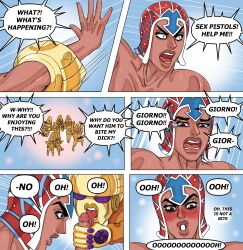 blush comic dialogue gay gold_experience guido_mista jojo's_bizarre_adventure licking_penis male male_only nemdreams penis sex_pistols stand_(jjba) vento_aureo yaoi