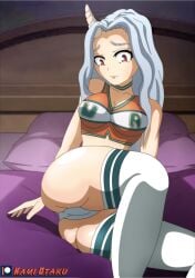 1girls 2019 aged_up ass bed bed_sheet bedroom breasts cameltoe cheerleader cheerleader_uniform choker eri_(my_hero_academia) horn kami_otaku long_hair looking_at_viewer my_hero_academia panties pillow red_eyes silver_hair smile solo stockings u.a._cheerleader_outfit