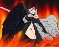 1girls big_breasts bottomless busty cleavage edit final_fantasy final_fantasy_vii genderswap_(mtf) large_breasts long_hair milfification pantless pussy rule_63 seiekisnake sephimom sephiroth silver_hair watermark wings