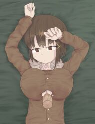 1boy 1girls alternate_breast_size bear_suit bed bedroom brown_eyes brown_hair cum cum_on_neck disembodied_penis female hakayu lain_iwakura large_breasts paizuri paizuri_under_clothes pajamas pov sad serial_experiments_lain sex straight