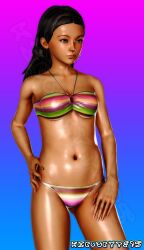 3d bikini black_hair breasts cleavage expressionless female female_only femsub grand_theft_auto grand_theft_auto_iv green_eyes hand_on_hip indifferent kiboubyte95 large_breasts modeling navel necklace original_character remake short_hair solo tanned_female unamused watermark