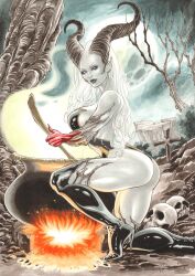 1girls big_breasts chaos_comics demon_horns dominant_female ed_benes_studio evolved lady_death latex_bra latex_gloves latex_stockings latex_thong long_hair potion queen_of_the_dead rubismar_da_costa solo_female tagme white_body white_eyes white_skin