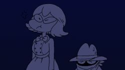 1boy1girl 2020s 2023 :t annoyed blue_background burgerkurger couple cowboy_hat frog_girl holding_cup hungry looking_at_another mouth_covered night ribbon short_hair simple_coloring sweatdrop tagme walk_with_frog_wife