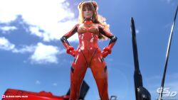 16:9 1girls 2021 3d asuka_langley_sohryu_(cosplay) bodysuit clothed clothing cosplay depth_of_field female female_only front_view gs3d hands_on_hips long_hair medium_breasts neon_genesis_evangelion original original_character outdoor outdoors outside pinup png red_bodysuit red_clothing slushe_(website) solo solo_female standing viewed_from_below wavy_hair