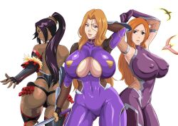 3girls akiyama_rinko_(cosplay) armpits arms_up ass bad_id big_ass big_breasts bleach blonde_hair bodysuit boob_window breasts brown_eyes cleavage cleavage_cutout cosplay dark-skinned_female dark_skin dead_source female female_only holding holding_object holding_penis huge_ass huge_breasts igawa_asagi_(cosplay) inoue_orihime iwao178 large_ass large_breasts light-skinned_female light_skin long_hair looking_at_viewer male matsumoto_rangiku mizuki_yukikaze_(cosplay) multiple_girls nipple_bulge orange_hair penis ponytail purple_bodysuit purple_hair shihouin_yoruichi solo_focus sword taimanin_(series) thick_thighs thighhighs thighs uncensored wide_hips yellow_eyes