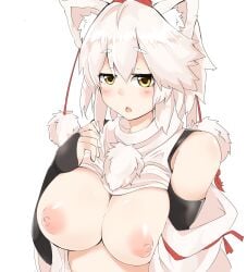 animal_ear_fluff animal_ears bare_shoulders blush breasts bridal_gauntlets clothes_lift detached_sleeves female half-closed_eyes hand_up hat highres houkai_(collapse_illust) large_breasts looking_at_viewer momiji_inubashiri nipples no_bra open_mouth pom_pom_(clothes) shirt shirt_lift short_hair simple_background sleeveless sleeveless_shirt solo tokin_hat touhou unaligned_breasts upper_body white_background white_hair white_shirt wolf_ears yellow_eyes