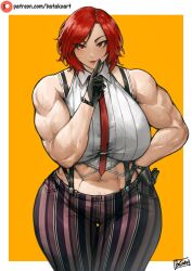 1girls abs batako big_breasts breasts female female_only king_of_fighters muscular_female red_eyes red_hair simple_background snk solo tagme thigh_gap vanessa_(kof)