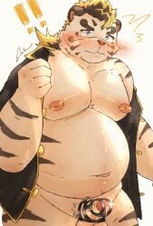 10_cosmo_24 1boy 2022 anthro balls belly big_belly blue_eyes blush chastity_cage chastity_device felid genitals hi_res humanoid_genitalia humanoid_hands humanoid_penis kemono licho_(tokyo_afterschool_summoners) lifewonders male male_only mammal moobs navel nipples overweight overweight_male pantherine penis solo surprise tiger tokyo_afterschool_summoners video_games white_body