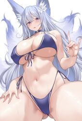 1girls animal_ear_fluff animal_ears ariso_kaoru armpit_crease azur_lane bangs bare_shoulders belly_button bikini blush breasts breasts_apart cameltoe cleavage collarbone covered_erect_nipples female female_only flower fox_ears fox_girl fox_tail front-tie_bikini front-tie_top gluteal_fold hair_flower hair_ornament halterneck hand_on_own_thigh highleg highleg_bikini highres kitsune large_breasts light-skinned_female light_purple_hair light_skin long_hair looking_at_viewer multiple_tails n/ navel open_mouth parted_lips purple_bikini purple_eyes sakura_empire_(azur_lane) shinano_(azur_lane) side-tie_bikini simple_background skindentation solo stomach strap_gap swimsuit tail underboob wet white_background