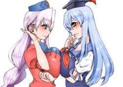 2girls bad_id bad_pixiv_id breast_press breasts brown_eyes eirin_yagokoro era_(erasion) hat keine_kamishirasawa large_breasts long_hair multiple_girls smh1069 symmetrical_docking touhou