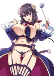 :o absurdres areola_slip ass_visible_through_thighs black_hair bow bowtie breasts cosplay demon_girl demon_horns detached_sleeves female female_pubic_hair harigane_shinshi highres holding holding_ladle horns huge_breasts ladle machikado_mazoku mature_female medium_hair milf navel open_mouth pubic_hair purple_eyes revealing_clothes simple_background solo sweatdrop thighhighs white_background yoshida_seiko yoshida_yuuko_(machikado_mazoku) yoshida_yuuko_(machikado_mazoku)_(cosplay)