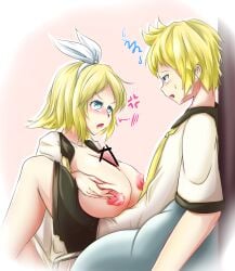 1boy 1girls blonde_hair blue_eyes breasts brother_and_sister female headband headphones incest kagamine_len kagamine_rin large_breasts paizuri pov puffy_nipples sailor_uniform sex straight twins vocaloid