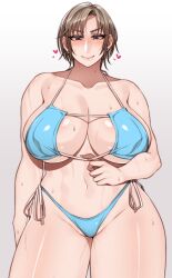 akira_kugamachi bikini blonde_hair blush cleavage curvy_figure huge_breasts korotsuke looking_at_viewer pale-skinned_female pussy_juice short_hair solo_female sweat the_creepy_glasses_girl thick_thighs voluptuous