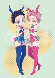 2boys akaza_(kimetsu_no_yaiba) alternate_costume androgynous artist_request black_hair blue_eyes blue_thighhighs boots bunny_ears bunny_tail bunnysuit crossdressing demon_slayer detached_collar dual_persona femboy frills full_body hakuji high_heel_boots high_heels kimetsu_no_yaiba leotard looking_at_viewer male male_only multiple_boys pink_hair pink_thighhighs short_hair standing tattoos thick_eyelashes thigh_boots thighhighs wrist_cuffs yellow_eyes yuzushiro_22