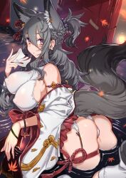 animal_ear_fluff animal_ears ass bell black_hair braid breasts closed_mouth commentary covered_erect_nipples detached_sleeves feet_out_of_frame female fox_ears fox_mask fox_tail from_behind from_side garter_straps hair_bell hair_ornament holding holding_mask japanese_clothes jingle_bell leaf long_hair looking_at_viewer looking_back maple_leaf mask original panties partially_submerged pleated_skirt ponytail red_skirt rope shirt sideboob sidelocks skirt solo tail tajima_ryuushi thigh_strap underwear water white_legwear white_panties white_shirt yellow_eyes