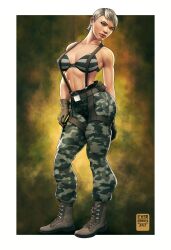 1girls bikini_top blonde_hair boots breasts camouflage_pants cleavage everhobbes female female_only gloves konami light_blue_eyes metal_gear_solid metal_gear_solid_2 muscular_female olga_gurlukovich scar_on_face short_hair solo solo_female striped_bikini striped_clothing