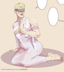 barefoot blindfold blonde_hair blush bokujosh brother_corhyn crossdressing dress elden_ring fromsoftware male male_only muscular muscular_male sitting solo sweatdrop tight_clothing