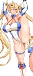 1girls :o armpits ass ass_visible_through_thighs blonde_hair blue_eyes blush bradamante_(fate) bradamante_(first_ascension)_(fate) breasts bridal_garter cleavage covered_navel elbow_gloves fate/grand_order fate_(series) female gloves half-closed_eyes highres huge_breasts leotard long_hair looking_at_viewer naughty_face revision smh1069 smile solo standing_split thick_thighs thigh_strap thighs twintails very_long_hair white_gloves