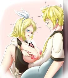 1boy 1girls blonde_hair blue_eyes breasts brother_and_sister cum female headband headphones incest kagamine_len kagamine_rin large_breasts paizuri pov puffy_nipples sailor_uniform sex straight twins vocaloid