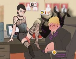 1boy 1futa age_difference areolae arm_tattoo bare_shoulders belly belly_button black_hair black_lips black_lipstick blonde_hair blush boots boruto:_naruto_next_generations casual_exposure casual_nudity clothed clothing desk dress duo ear_piercing ear_ring earrings embarrassed emoji erect_nipples erection feet_up fishnet fishnet_legwear fishnet_shirt fishnet_stockings fishnets flat_chest foot_fetish footwear fully_clothed futa_with_male futanari glasses goth goth_girl human impregnation indoors knee_boots kneehighs legwear light-skinned_futanari light-skinned_male light_skin lips lipstick looking_at_partner male male_pregnancy mbyak mostly_nude naruto naruto_(series) nipples no_bra no_panties nude nude_futanari office open_clothes open_shirt pale-skinned_futanari pale_skin penis penis_out petite pink_nipples pregnant pregnant_male red_hair revealing_clothes sarada_uchiha short_hair shounen_jump sitting sitting_on_desk sleeveless sleeveless_dress tattoo tattoos teenager thighhighs uzumaki_naruto yellow_hair