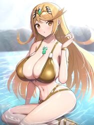 1girls bikini blonde_hair breasts core_crystal female gold_bikini gold_eyes gonzarez hi_res hips huge_breasts light-skinned_female light_skin long_hair mythra nintendo outdoors swimsuit thick_thighs thighs wide_hips xenoblade_(series) xenoblade_chronicles_2