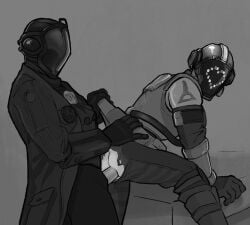 2boys anal anal_sex armor artist_request bondrewd clothes_lift crossover fortnite from_behind gay greyscale helmet looking_back made_in_abyss male male_only mask masked masked_male monochrome penis penis_out torn_clothes uncensored visitor_(fortnite) yaoi