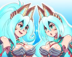 2022 2girls big_breasts capcom iris_(mega_man) iris_-another-_(mega_man) mega_man mega_man_x mega_man_x_dive monster_hunter noburockman tagme upper_body zinogre zinogre_(armor) zinogre_iris_(mega_man)