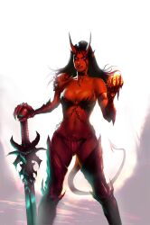 bat_bra black_hair black_lips demon_horn demon_tail demoness elf_ears fit_female grimm_fairy_tales_zenescope latex_thighhighs latex_thong looking_at_viewer pointy_ears red_skin seductive_look zenescope_entertainment