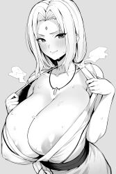 1girls 2022 areolae black_and_white breasts cleavage female female_only forehead_mark hi_res hotate-chan huge_breasts large_areolae long_hair massive_breasts naruto naruto_(series) naruto_shippuden necklace nipples slim_waist smile sweaty_body sweaty_breasts tsunade undressing