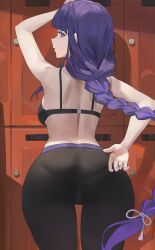 1girls 2022 ass ass_focus ass_shot backboob bra braided_hair breasts female female_only genshin_impact hi_res hips hood_x_art huge_ass huge_breasts indoors locker_room long_hair looking_back looking_over_shoulder purple_eyes purple_hair raiden_shogun slim_waist sports_bra sportswear thick_thighs thighs very_long_hair wide_hips yoga_pants