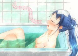 1girls bath bathing bathtub blue_hair closed_eyes kantai_collection mae_(maesanpicture) nipples open_mouth samidare_(kantai_collection) small_breasts smile solo