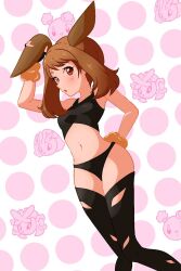 1girls alternate_costume animal_ears blush breasts brown_hair buneary bunny_ears clothing eyelashes generation_4_pokemon hand_on_ear hand_on_hip lopunny lopunny_(cosplay) may_(pokemon) mega_lopunny mega_lopunny_(cosplay) navel nintendo panties pocha pokemon pokemon_(cosplay) pokemon_(species) pokemon_oras pokemon_rse sleeveless sleeveless_shirt standing thighhighs