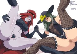 2girls anal anal_only anal_only_maebari anus big_ass big_breasts colored_hair female female_only fishnets grey_hair grey_skin hat holding_hands legs_apart maebari megami_tensei minakami multiple_girls persona persona_5 sae_niijima scathach_(megami_tensei) shadow_(persona) shadow_sae shadow_self_(persona) shin_megami_tensei silver_hair tagme yellow_eyes