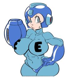 1girls big_breasts blue_bodysuit blue_eyes bodysuit breasts capcom female hand_on_hip helmet large_breasts looking_at_viewer mega_buster mega_man mega_man(classic) mega_man_(character) pout rule_63 slb solo tagme white_background