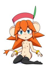 blush clothing female hair hat headgear headwear jewelry kcn klonoa_(series) legwear lolo_(klonoa) looking_at_viewer mammal nipples orange_hair primate simple_background solo stockings video_games